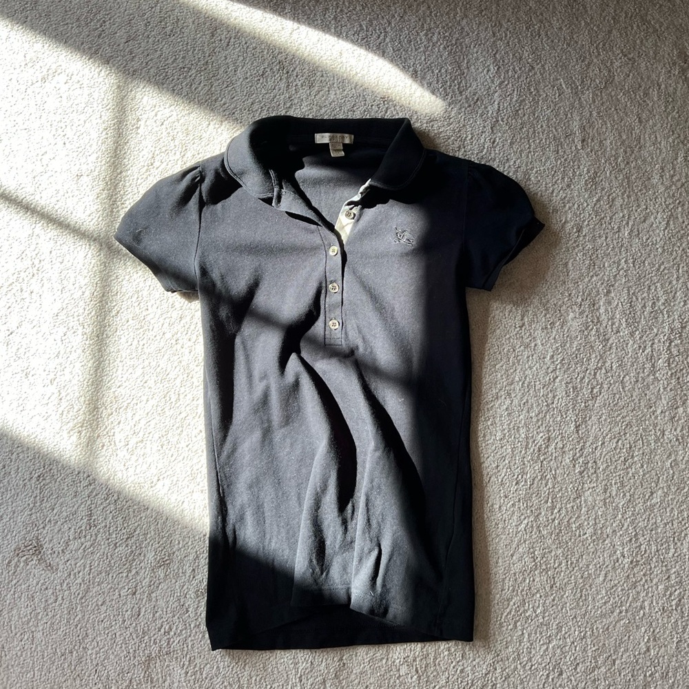 Burberry plaid collar black short sleeve polo button down top/tee